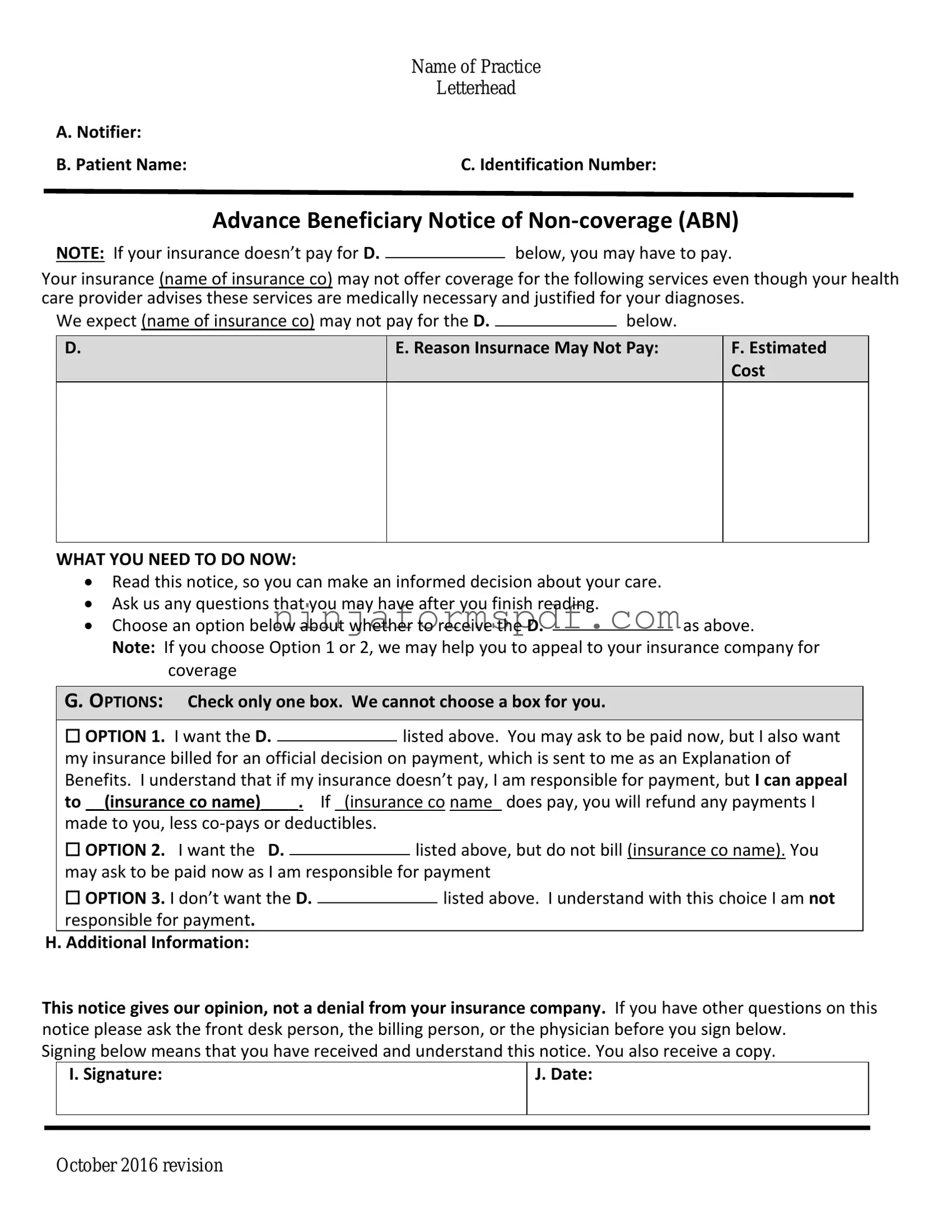 Advance Beneficiary Notice of Non-coverage Form