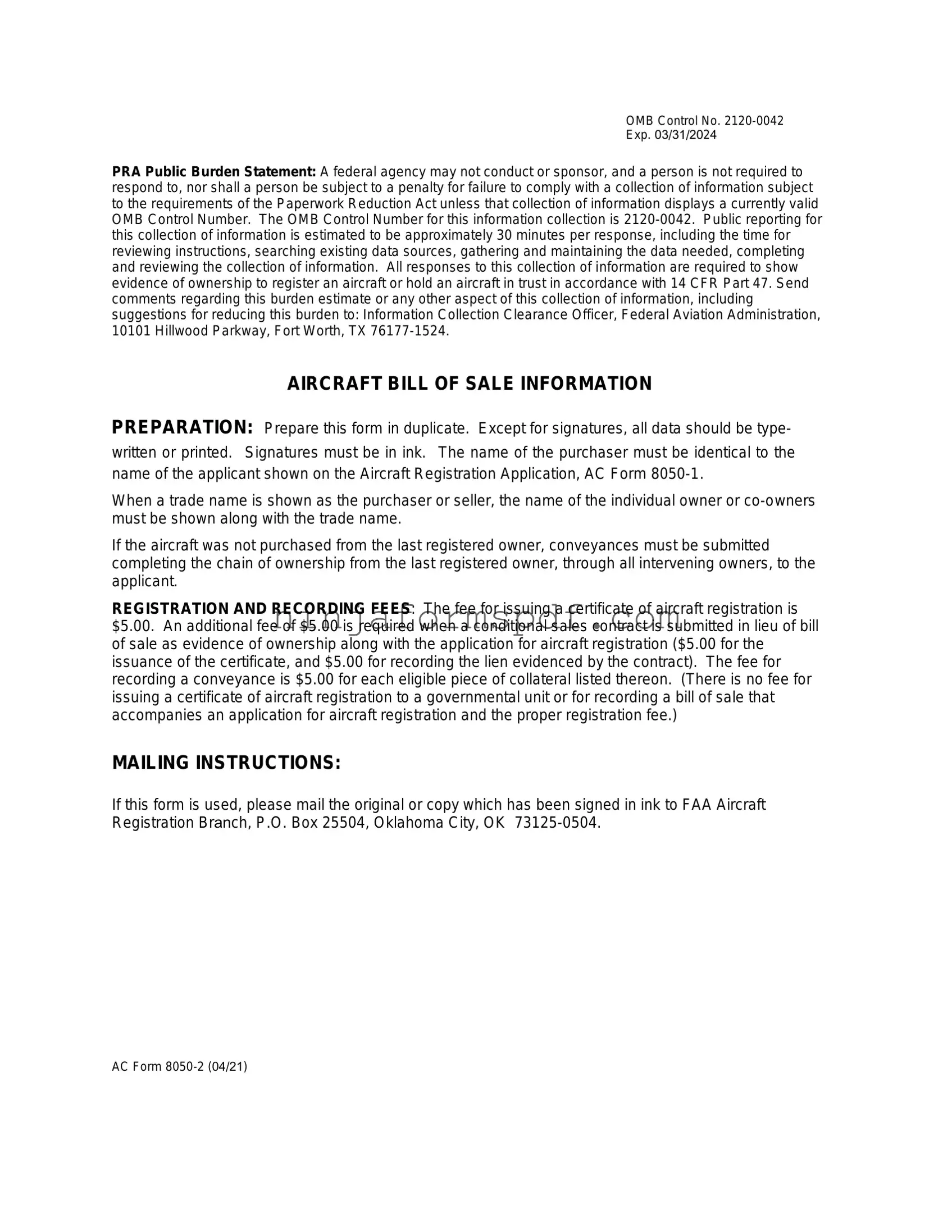 Aircraft Bill of Sale AC 8050-2 Form