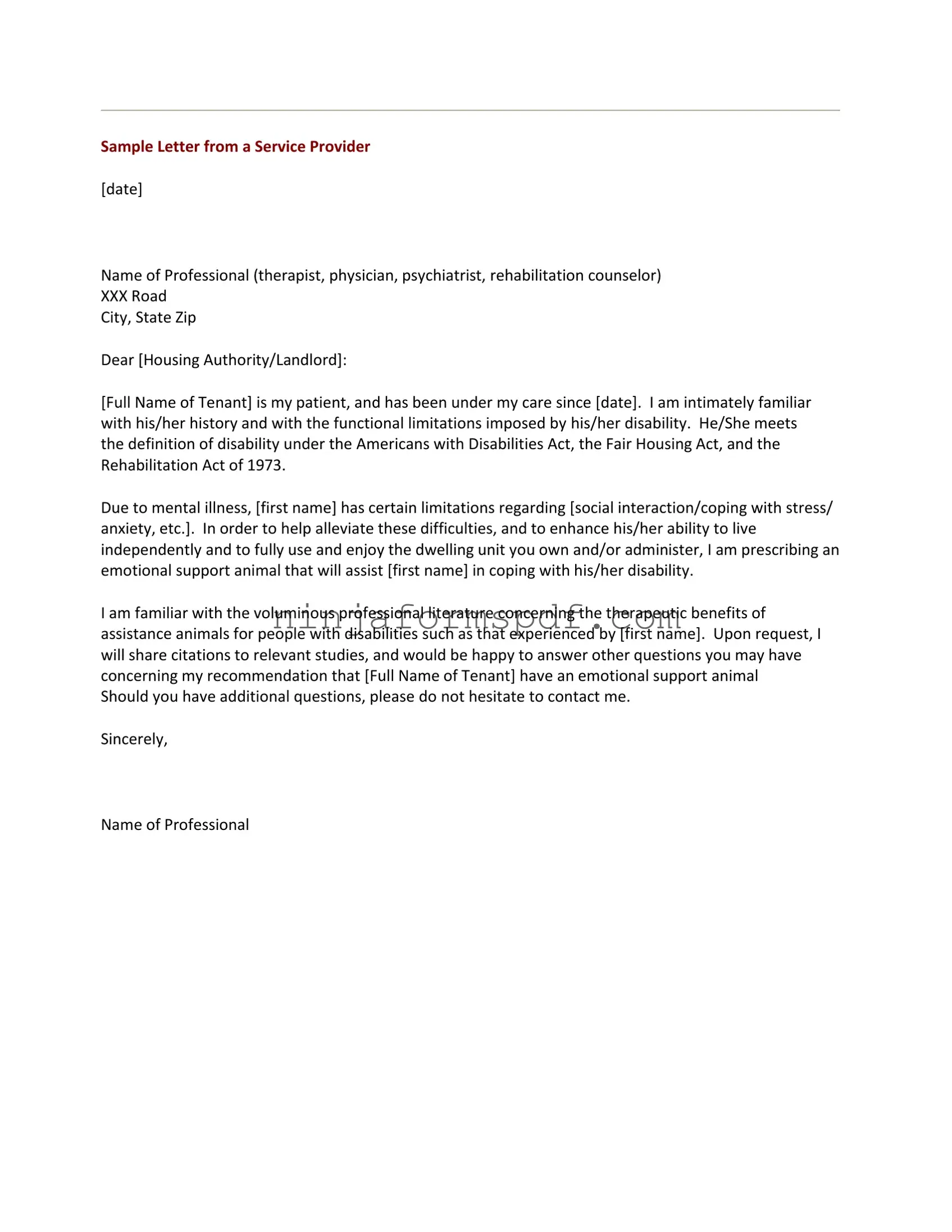 Emotional Support Animal Letter Form