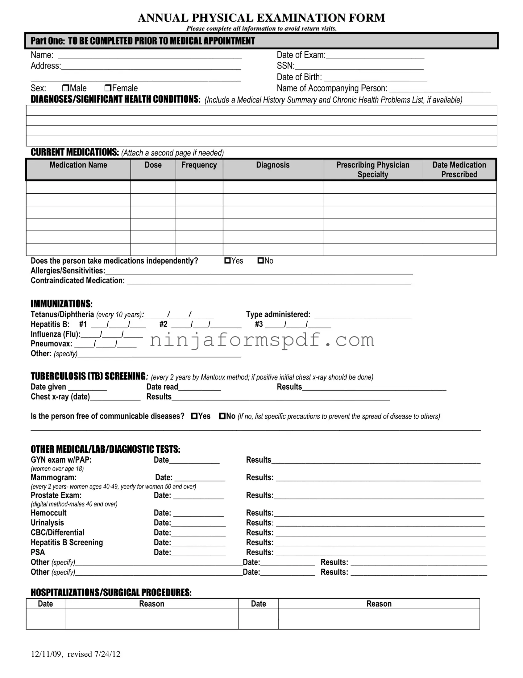 Annual Physical Examination Form