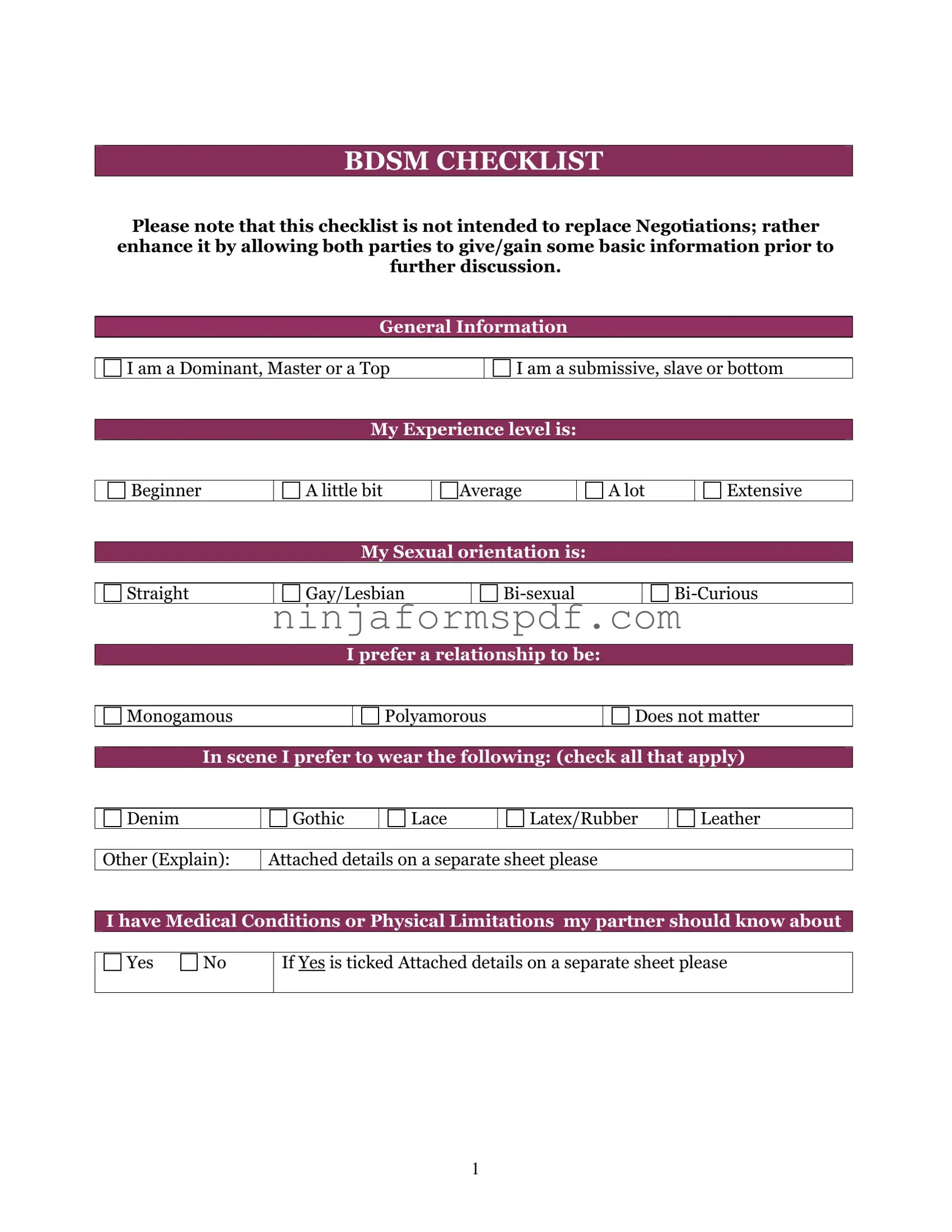 Bdsm Checklist Form