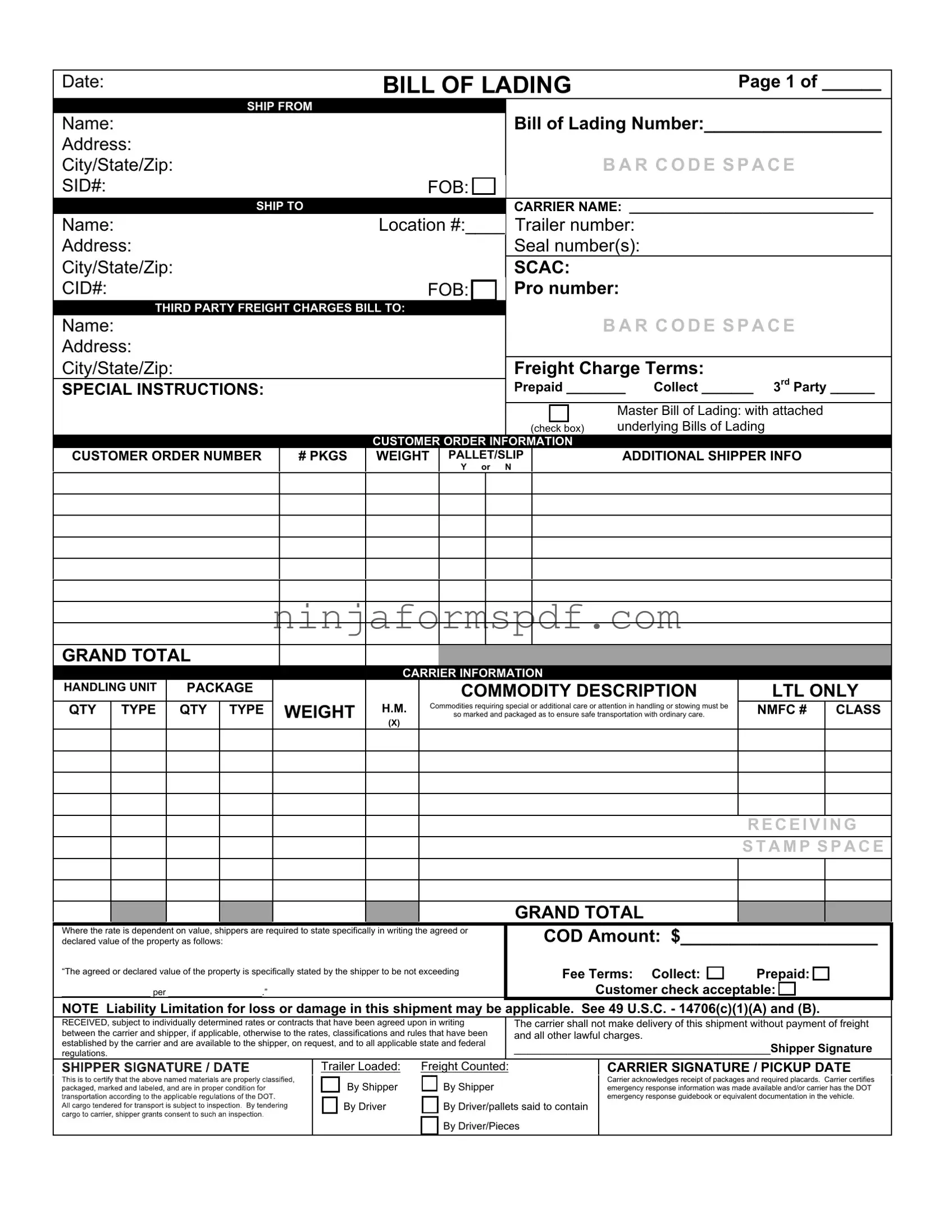 Bill of Lading with a Supplement Form