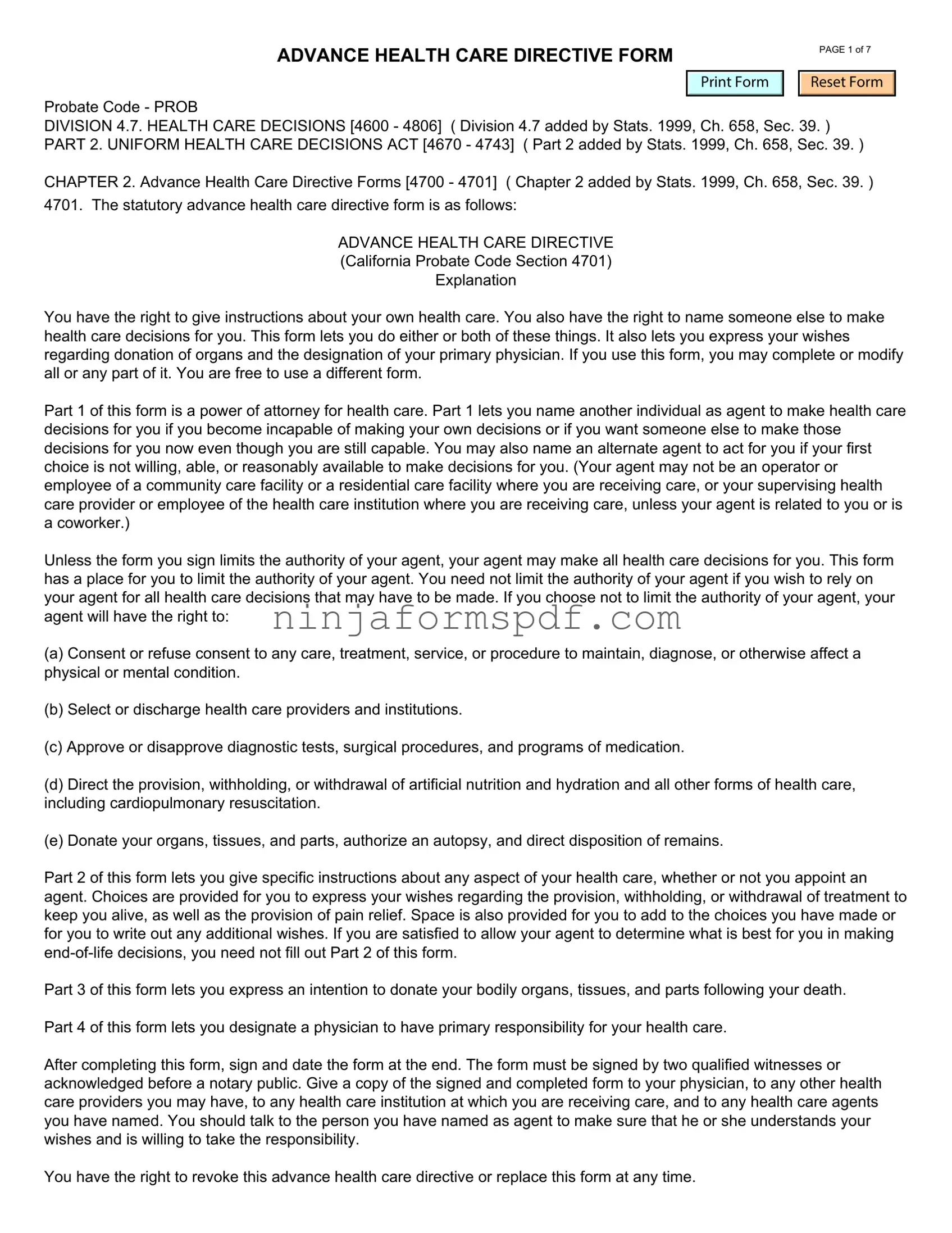 California Advanced Health Care Directive Form