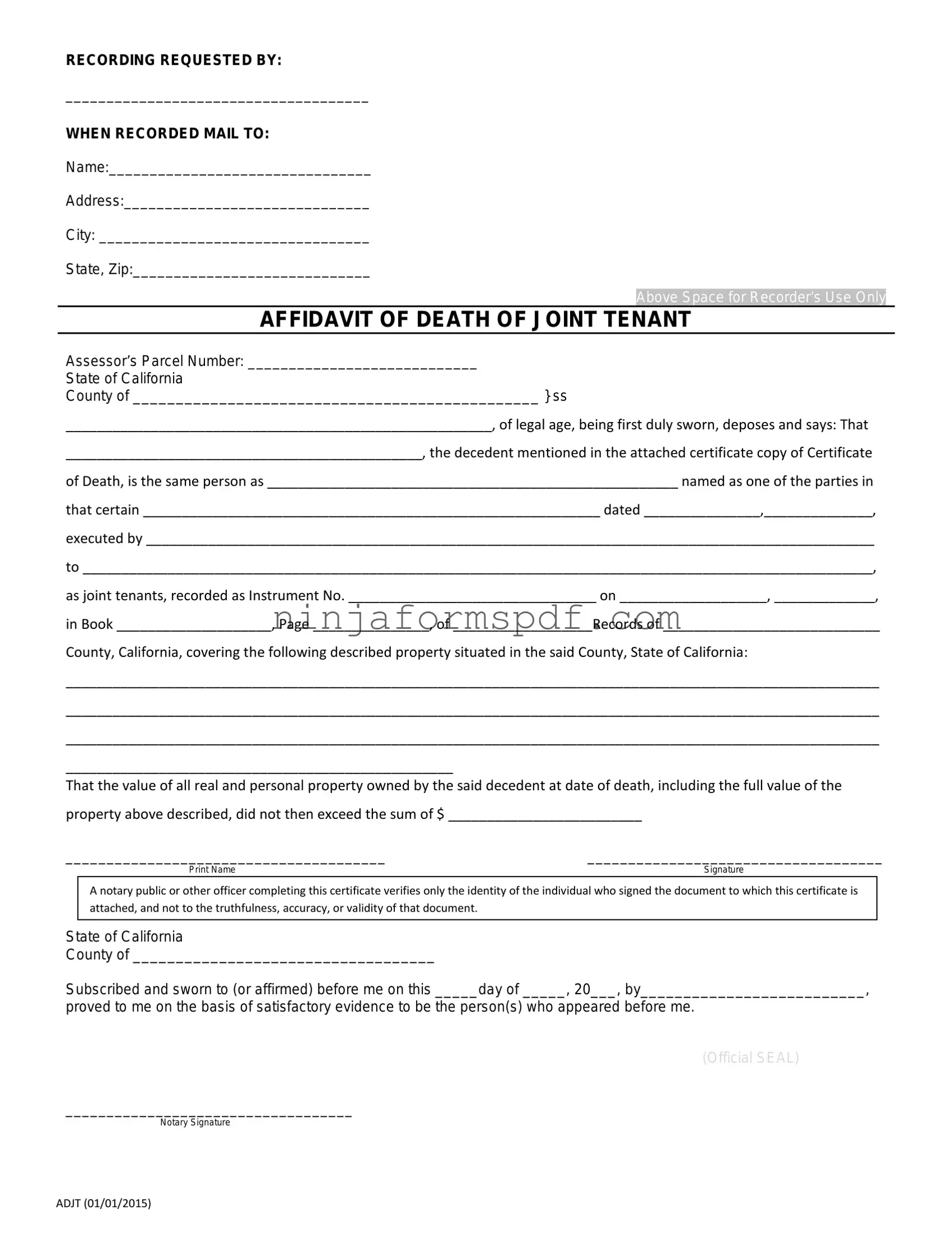 California Death of a Joint Tenant Affidavit Form
