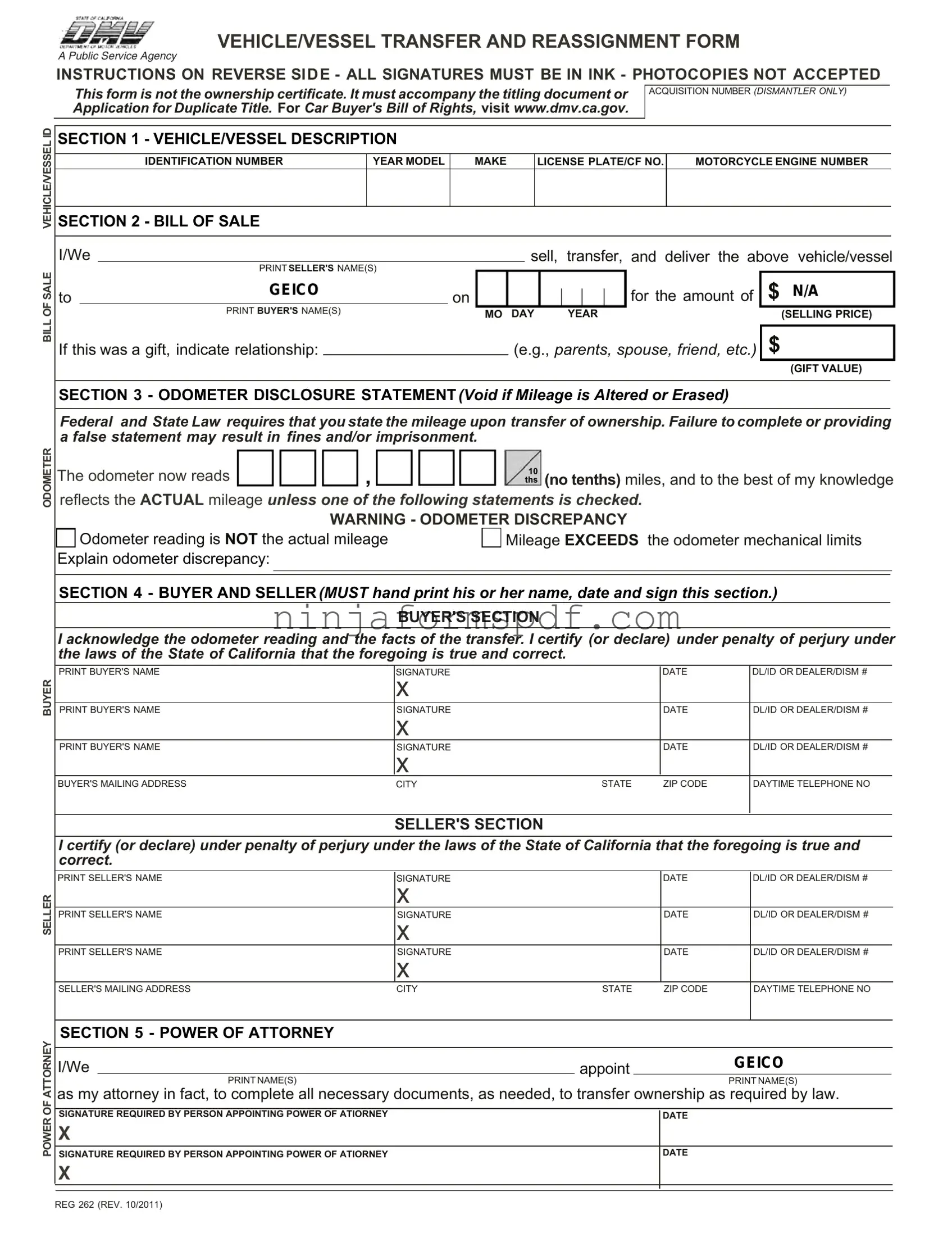 California Fotm Reg 262 Form