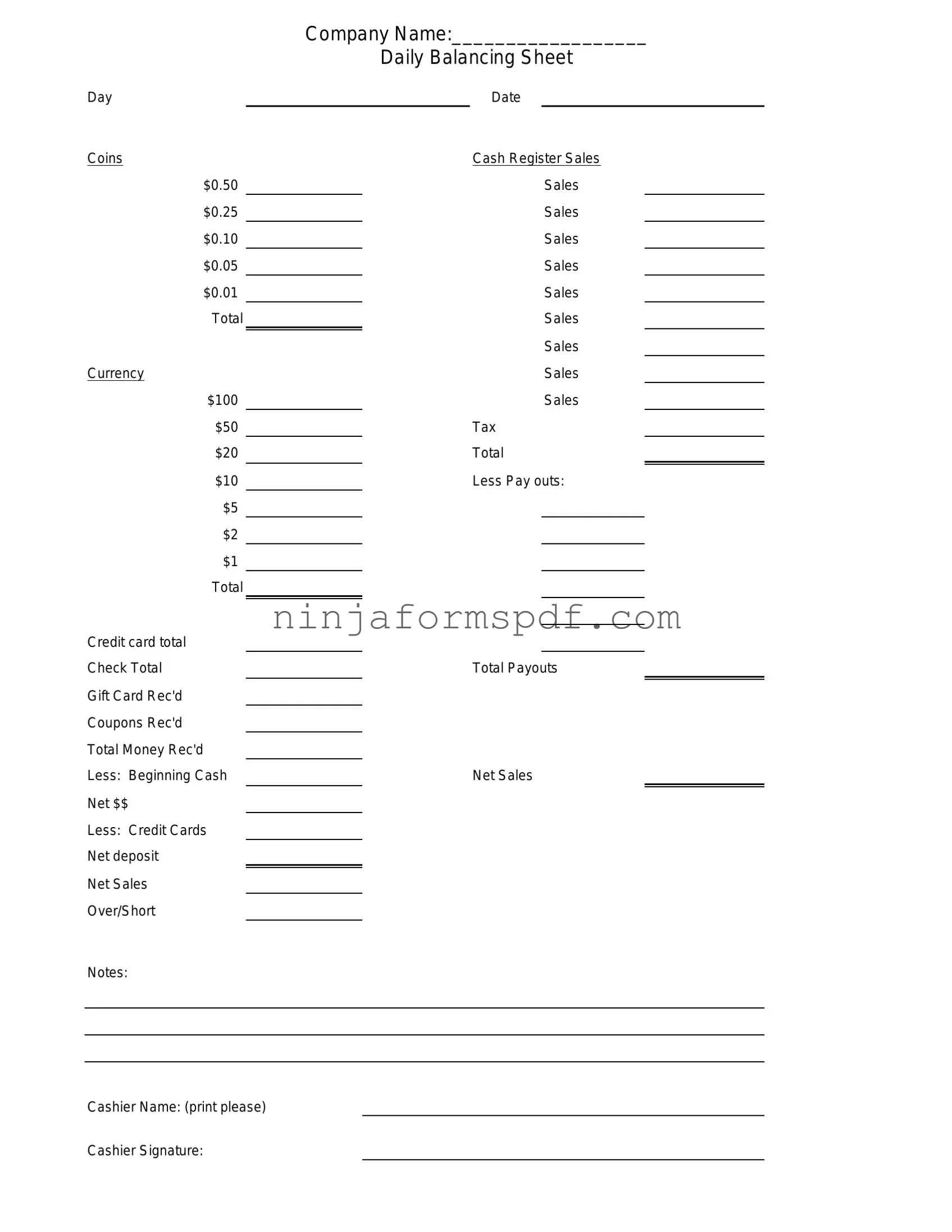 Cash Drawer Count Sheet Form