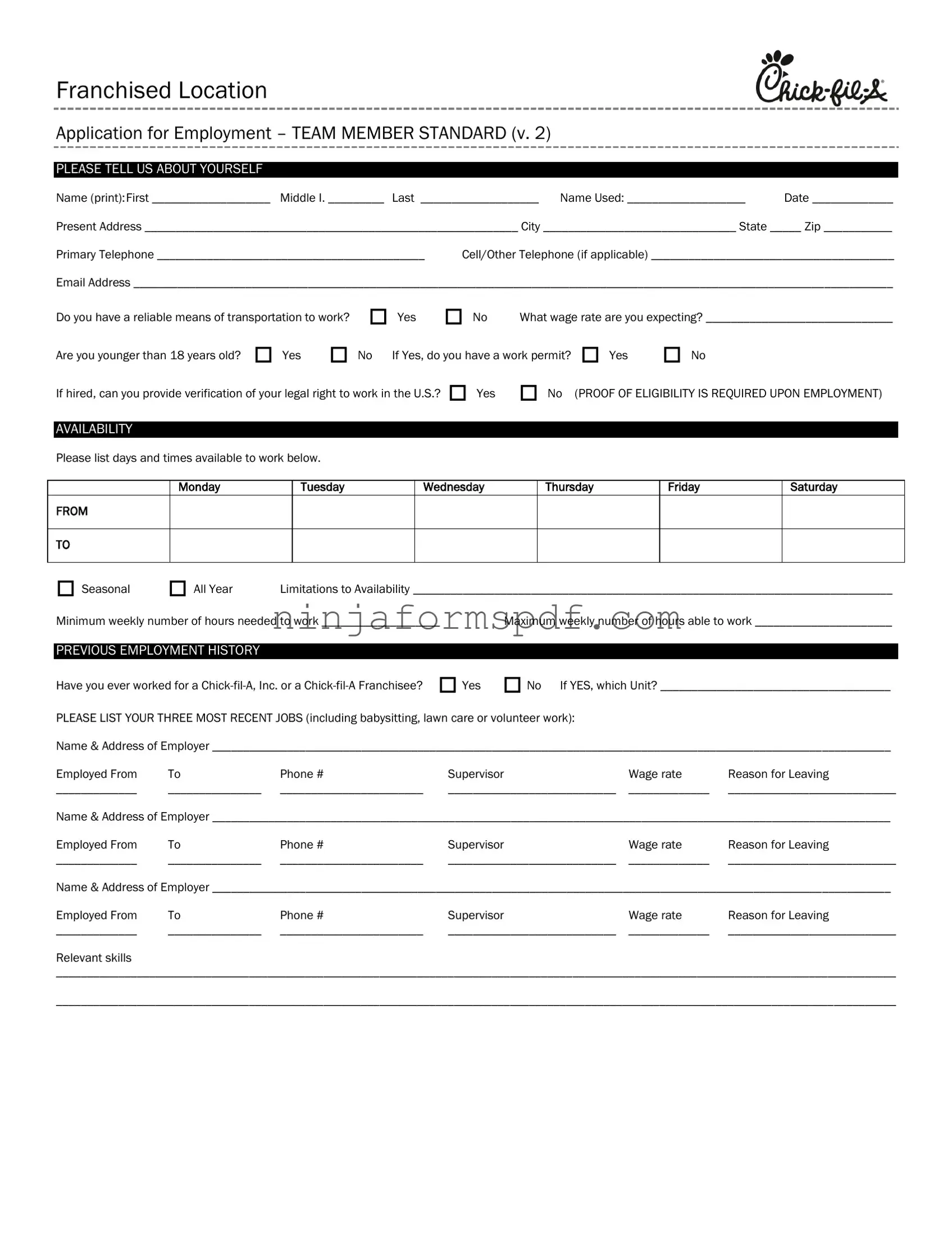 Chick Fil A Job Application Form