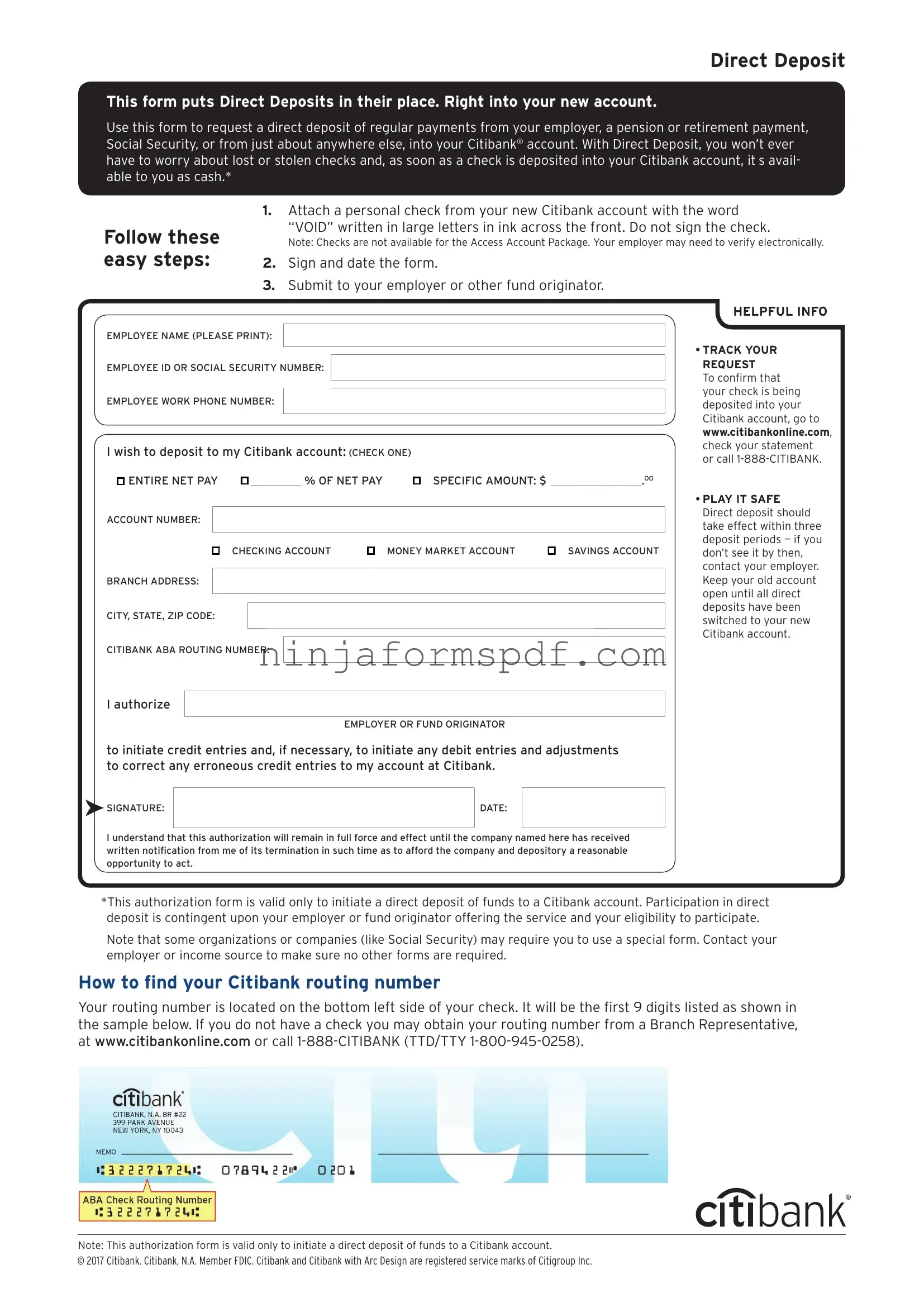 Citibank Direct Deposit Form
