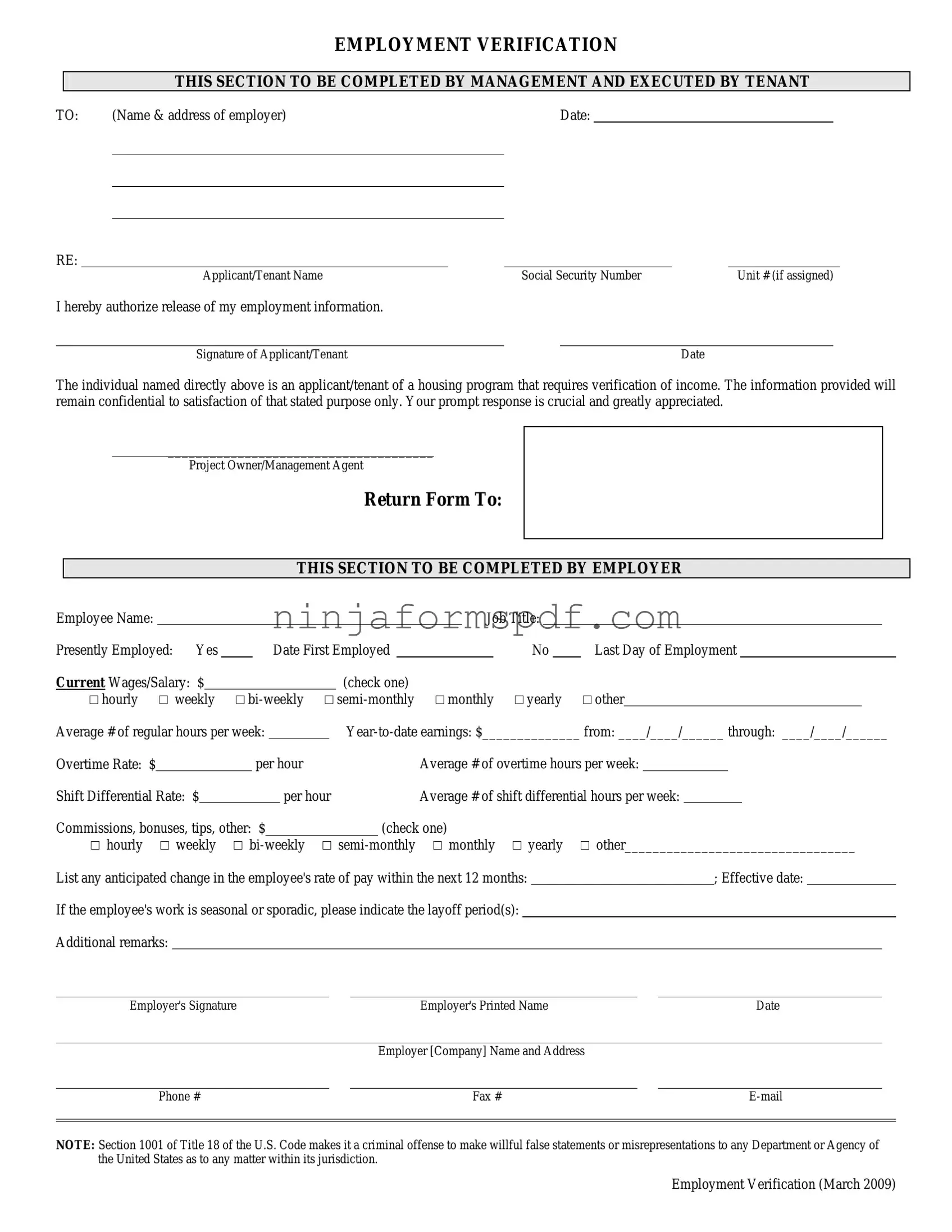 Employment verification form Form