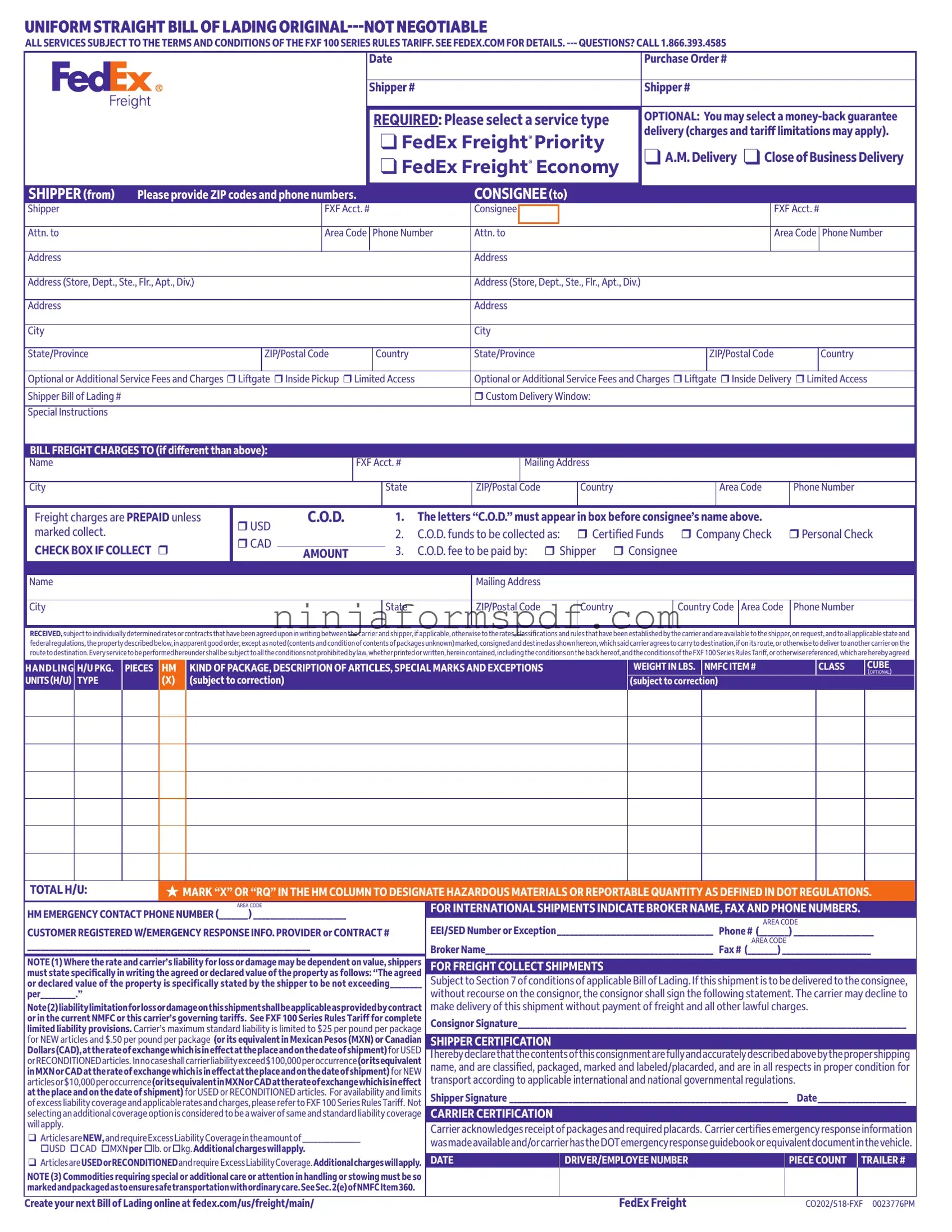 Fedex Bill Of Lading Form
