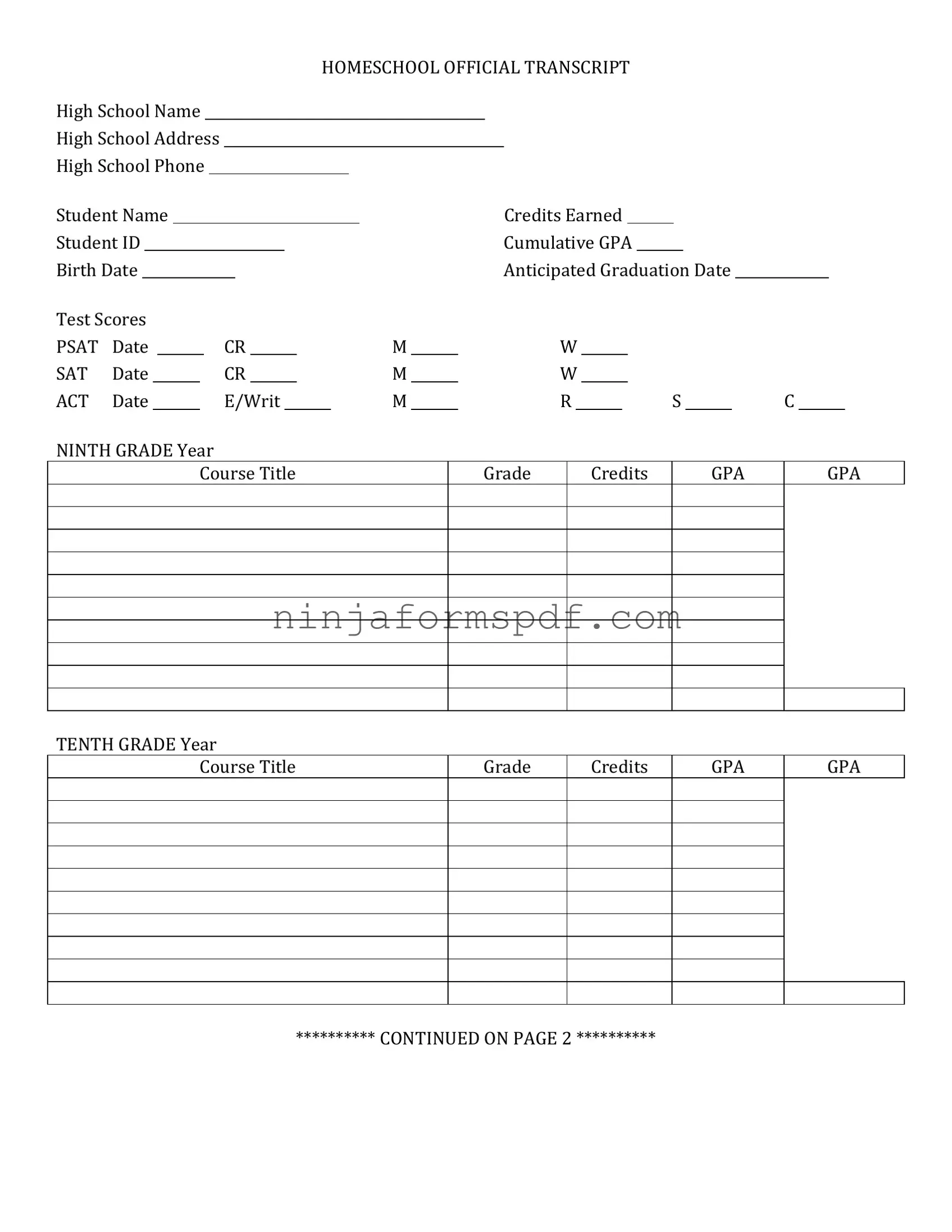 High School Transcript Form