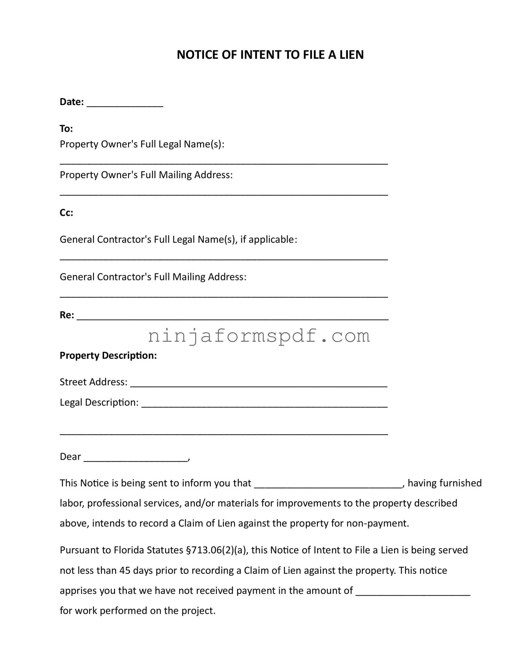 Intent To Lien Florida Form