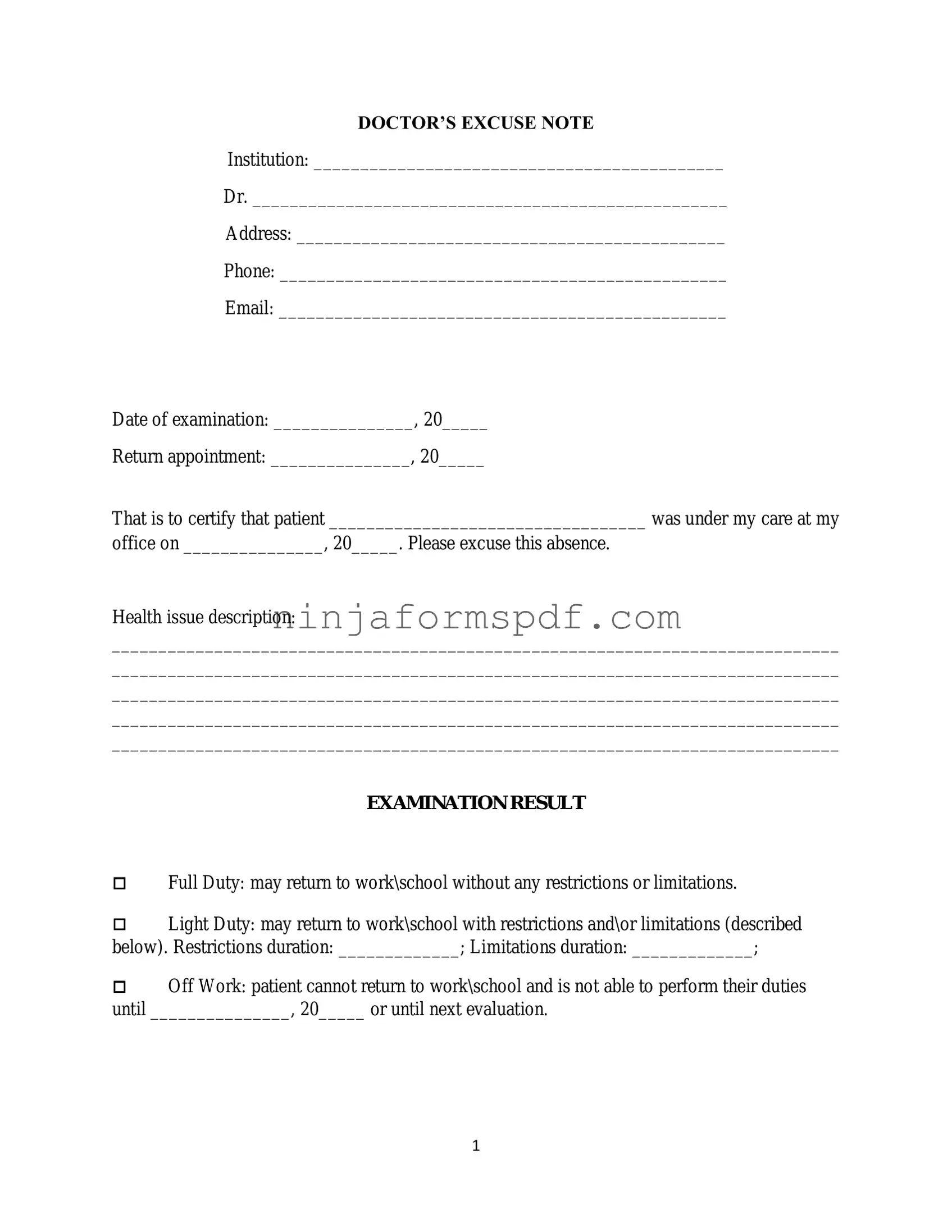 Doctors Excuse Note Form