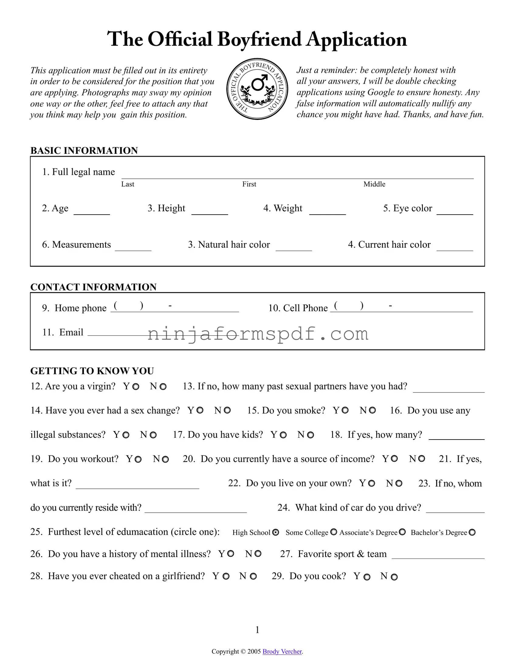Boyfriend application form Form