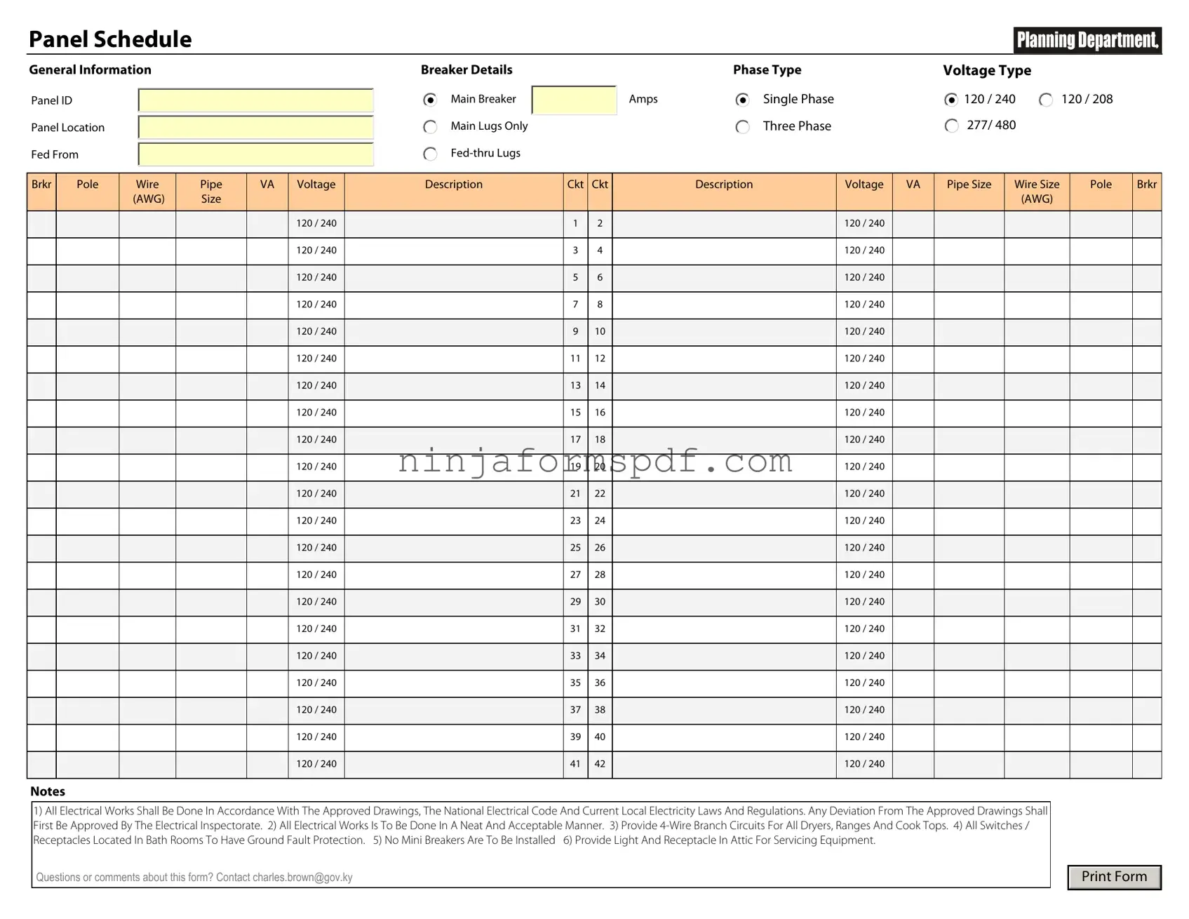 Electrical Panel Schedule Form