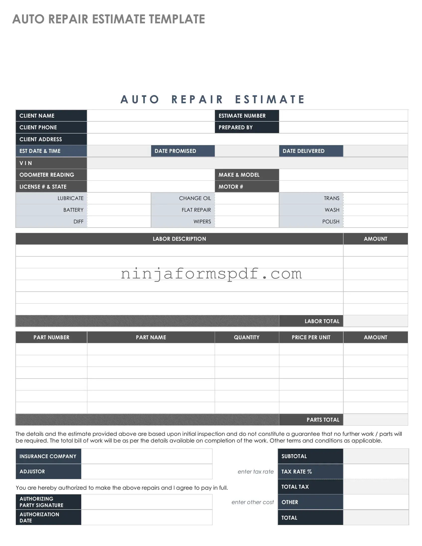 Auto Repair Estimate Form