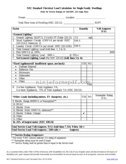 LADBS NEC Standard Electrical Load Calculation Form