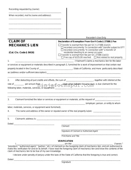 Mechanics Lien California Form
