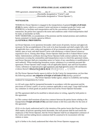 Owner Operator Lease Agreement Form