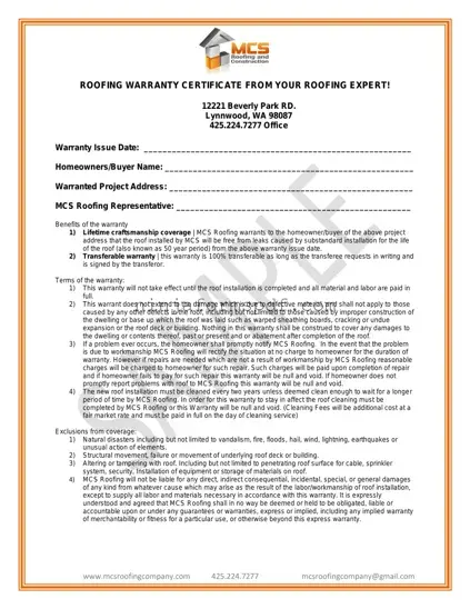 Roofing Warranty Certificate Form