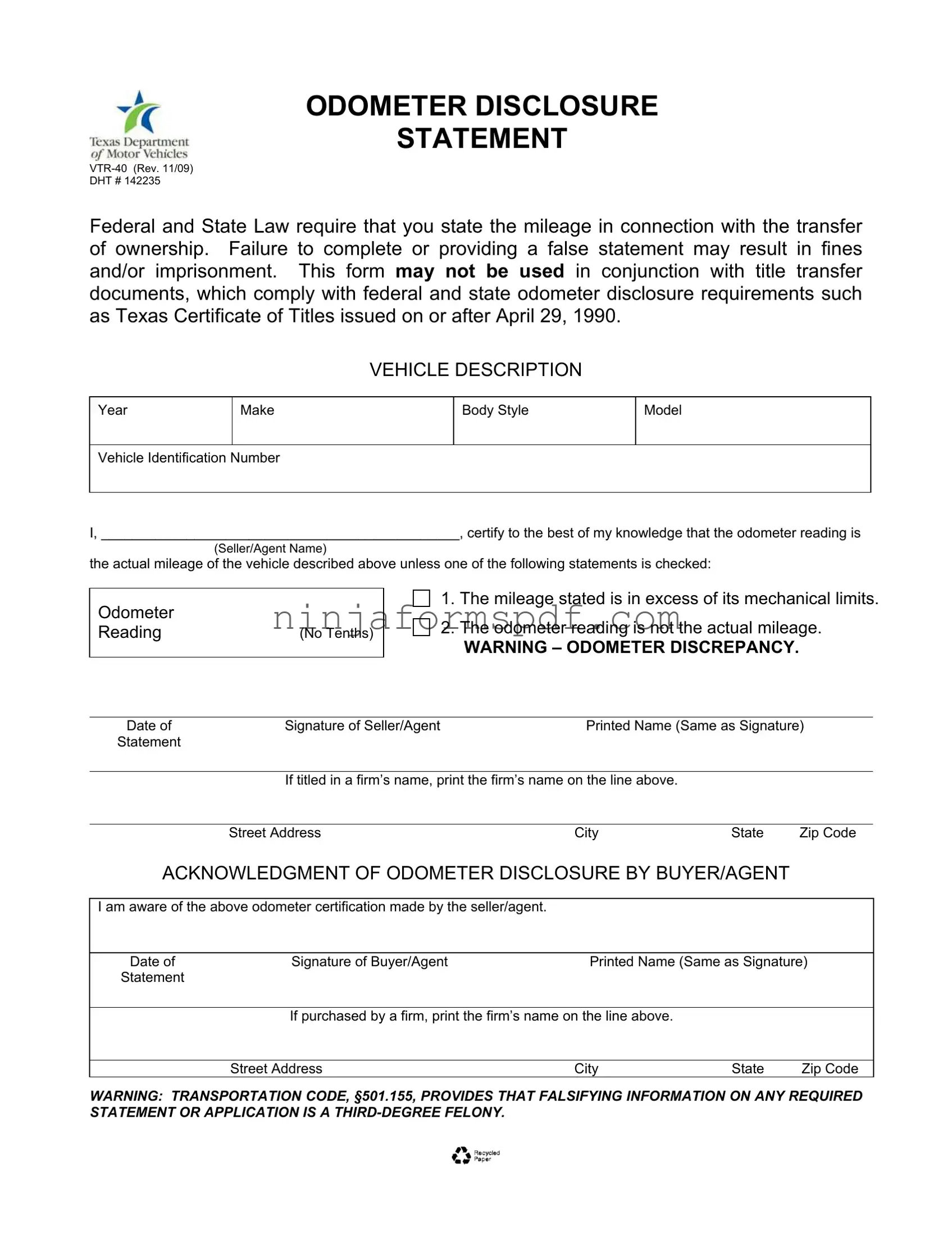 Texas Odometer Statement Form
