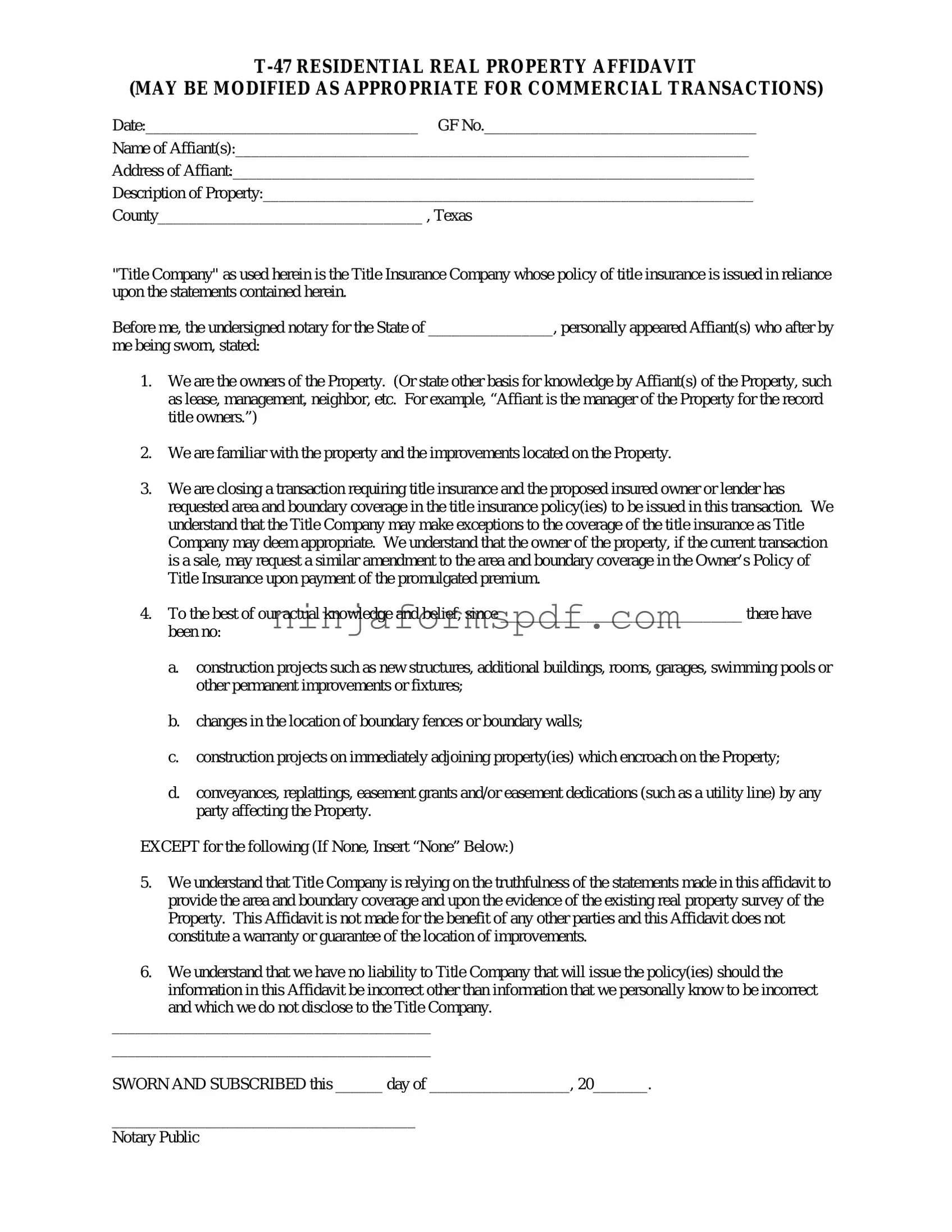 Texas residential property affidavit T-47 Form