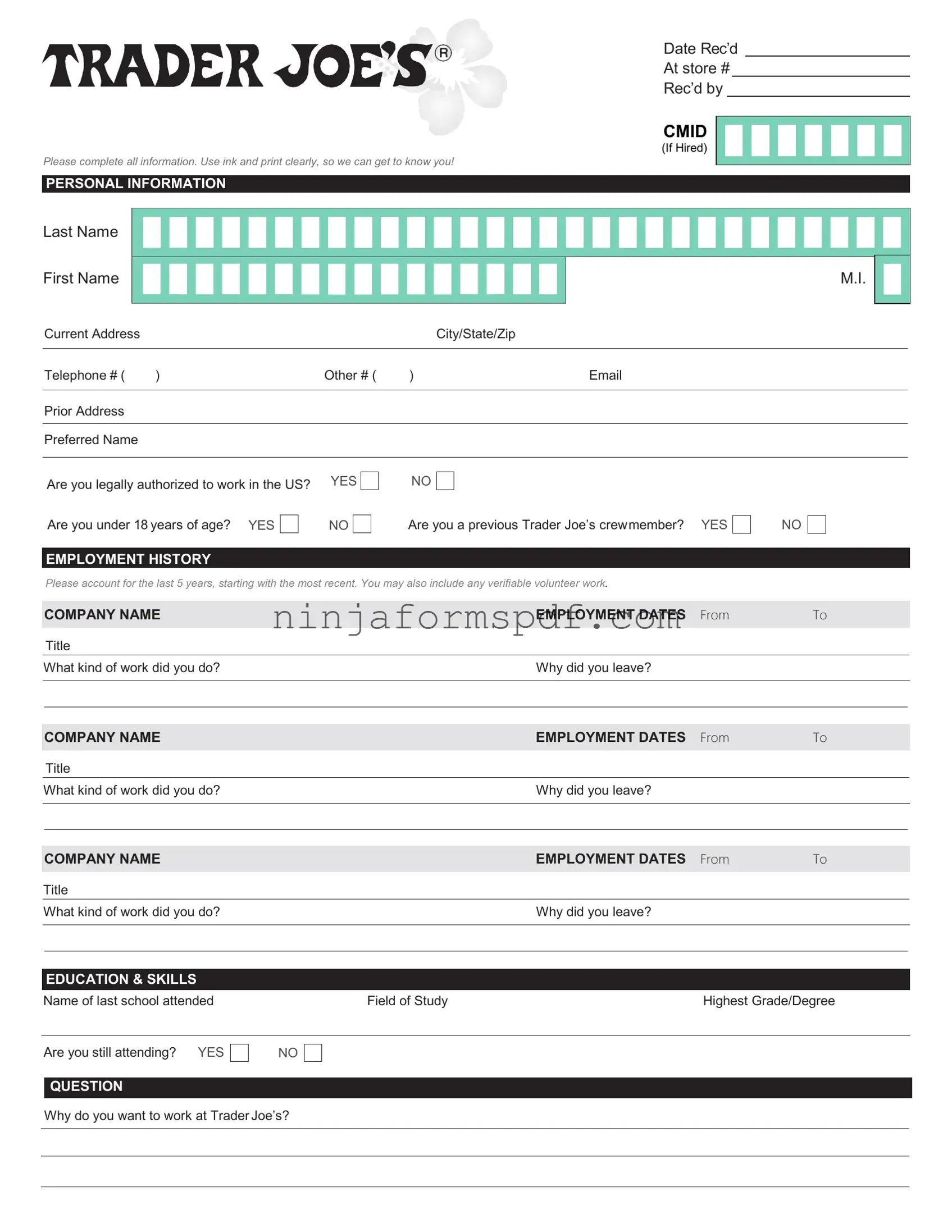 Trader Joe's application Form