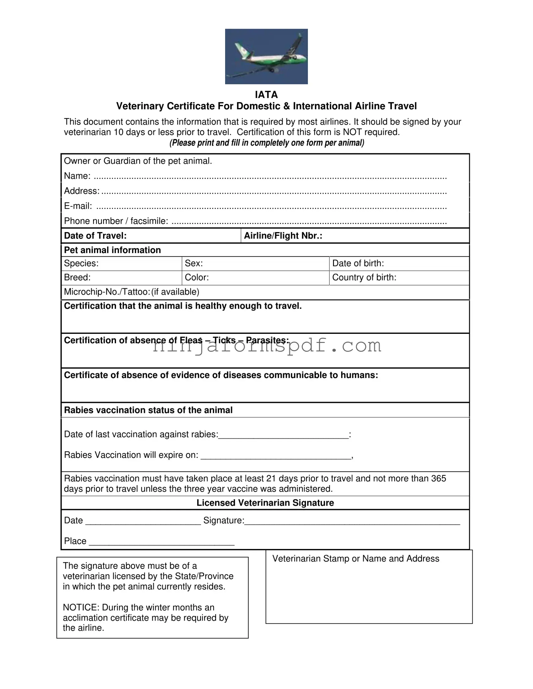 Veterinary Certificate Travel Form