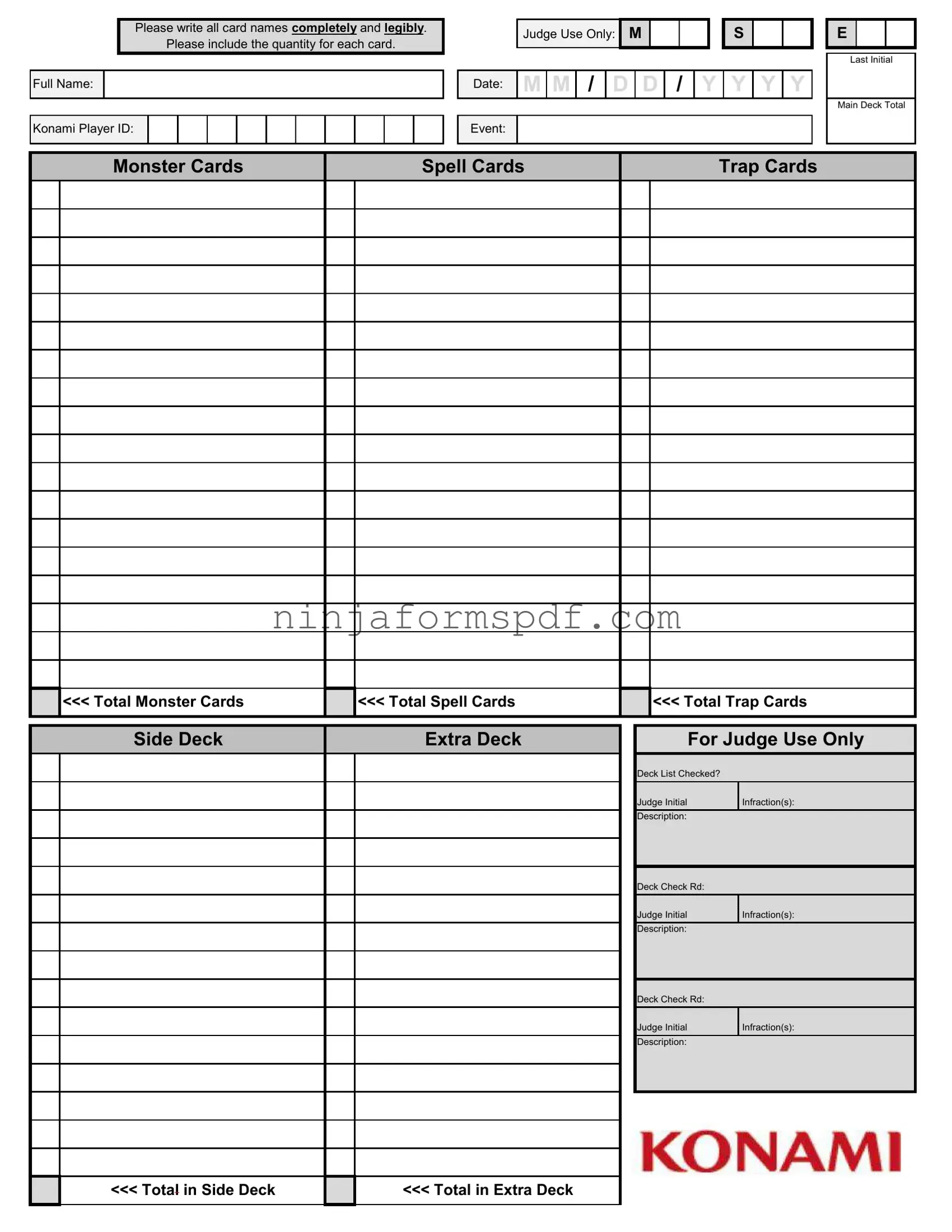 Konami Decklist Form